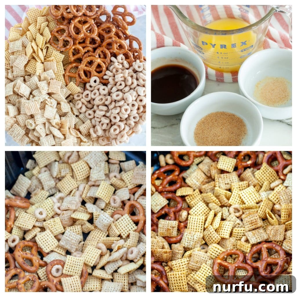Air Fried Chex Mix Perfection 4 Close-up shot of Chex mix in a bowl, showing the cereals and pretzels coated with butter and seasonings, ready for the air fryer.