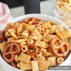 Bowl of cereal snack mix.