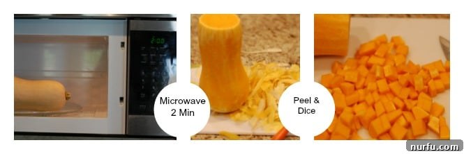 Butternut Squash Preparation Guide A sequence of images showing: whole butternut squash, microwaved squash being peeled, and finally diced butternut squash