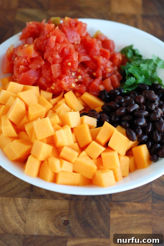 Enchilada Filling Mixture A bowl filled with diced butternut squash, RO*TEL tomatoes, black beans, and fresh cilantro, ready for the enchilada filling