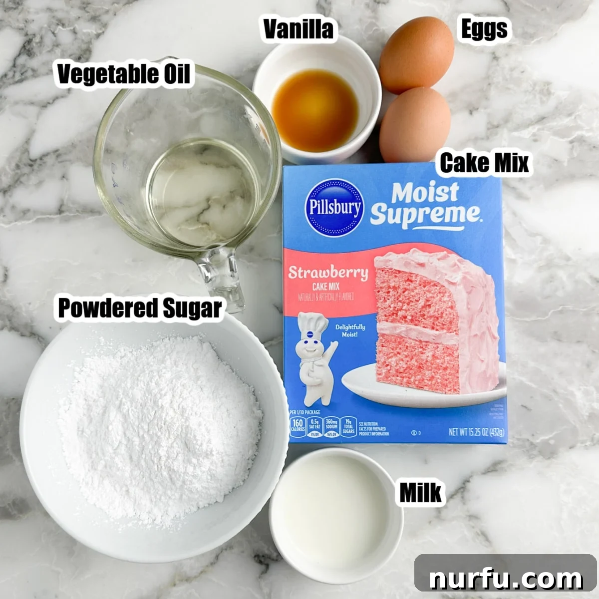 Effortless Strawberry Cake Mix Squares 3 Box of strawberry cake mix, eggs, oil, powdered sugar, milk, and vanilla.
