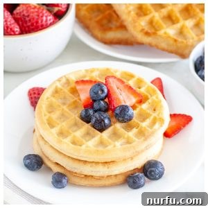 Stack of golden, crispy air-fried waffles on a white plate, adorned with fresh berries and a hint of syrup.