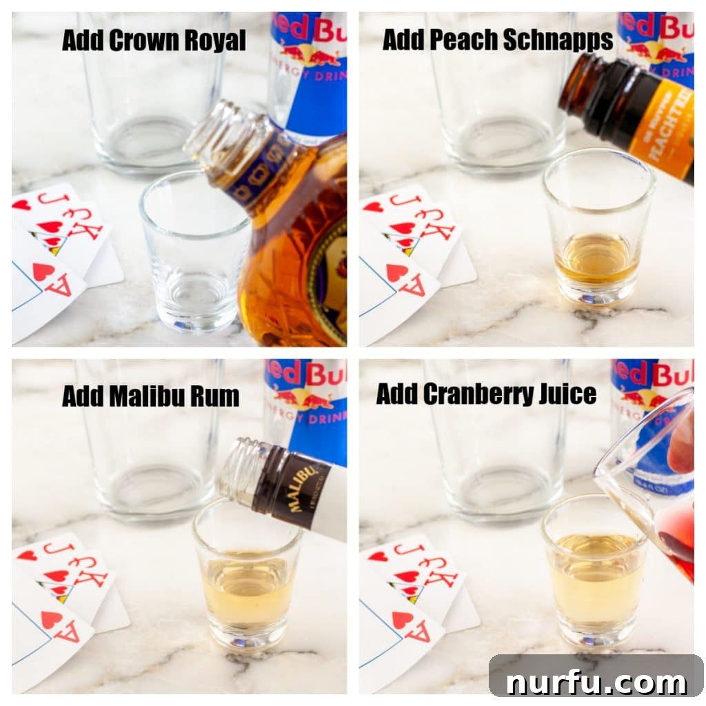 Ignite Your Night: The Vegas Bomb Cocktail 4 A hand carefully pouring whisky, schnapps, rum, and cranberry juice into a shot glass, illustrating the preparation of the Vegas Bomb shot.