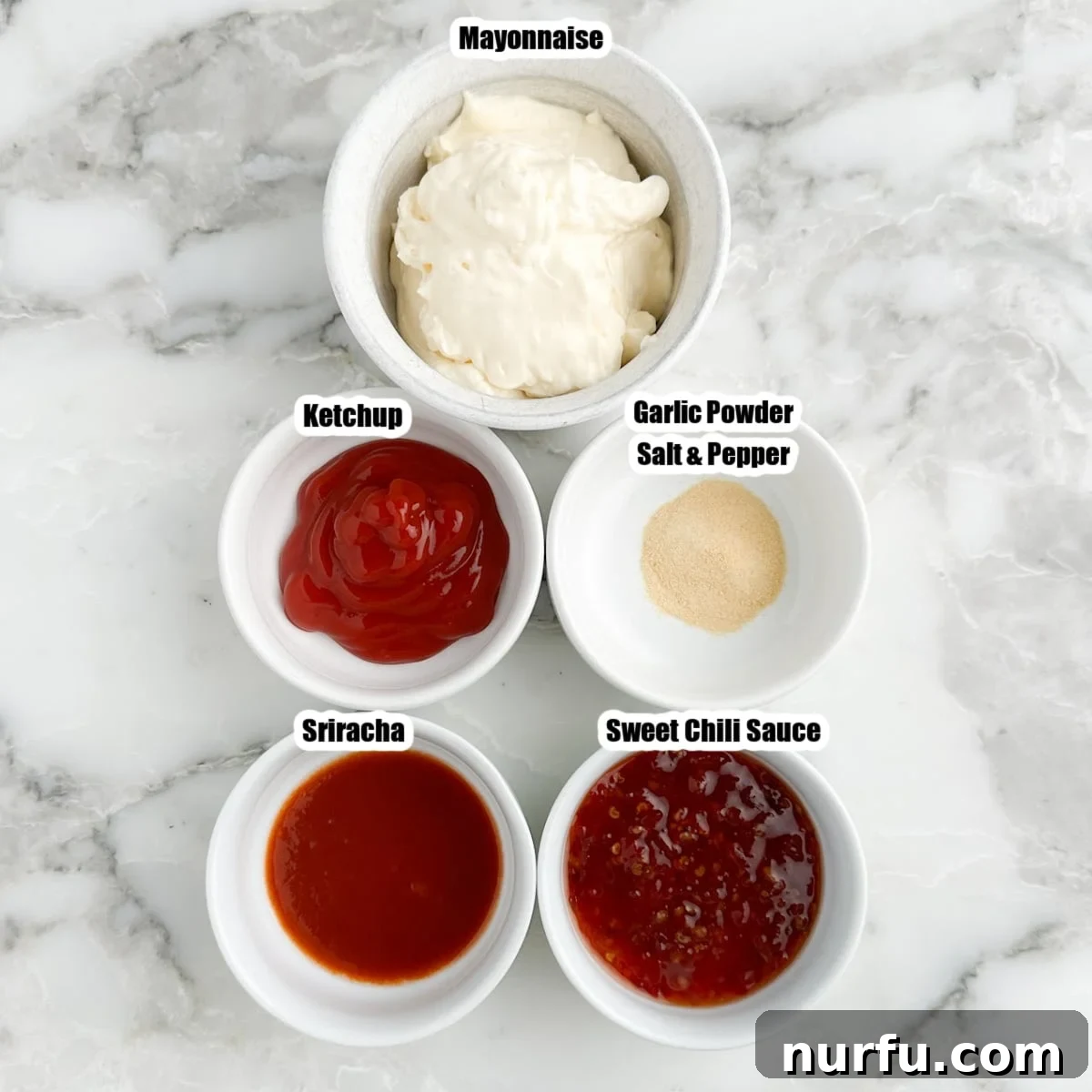 Individual bowls showcasing the key ingredients for Boom Boom Sauce: mayonnaise, sriracha, sweet chili sauce, and ketchup.