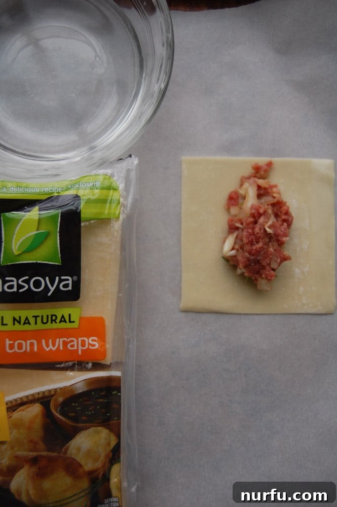 Crispy Vietnamese Spring Rolls with Tropical Pineapple Dip 4 A wonton wrapper with a spoonful of ground beef and vegetable filling placed in the center, demonstrating the first step in rolling Lumpia.