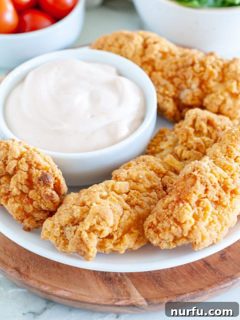 Golden Crispy Air Fryer Frozen Chicken Strips 2 Crispy golden-brown chicken tenders served on a plate with a side of white dipping sauce, ready to eat.