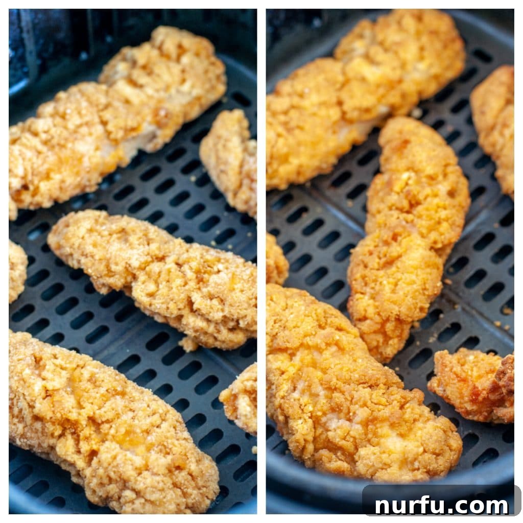 Golden Crispy Air Fryer Frozen Chicken Strips 3 Frozen chicken strips on one side of the air fryer basket and golden cooked chicken strips on the other, demonstrating the cooking process.