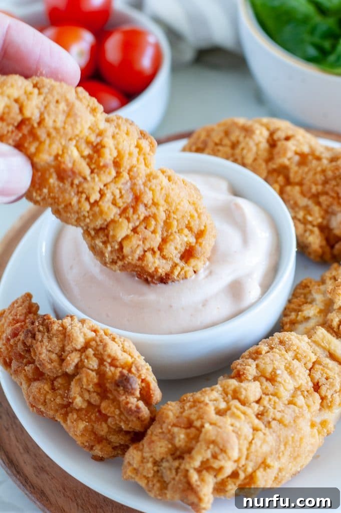 Golden Crispy Air Fryer Frozen Chicken Strips 4 A hand holding a crispy chicken tender, dipping it into a bowl of creamy white sauce.