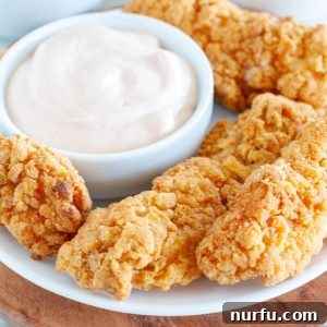 Plate of golden-brown crispy chicken tenders with a small bowl of sauce on the side.