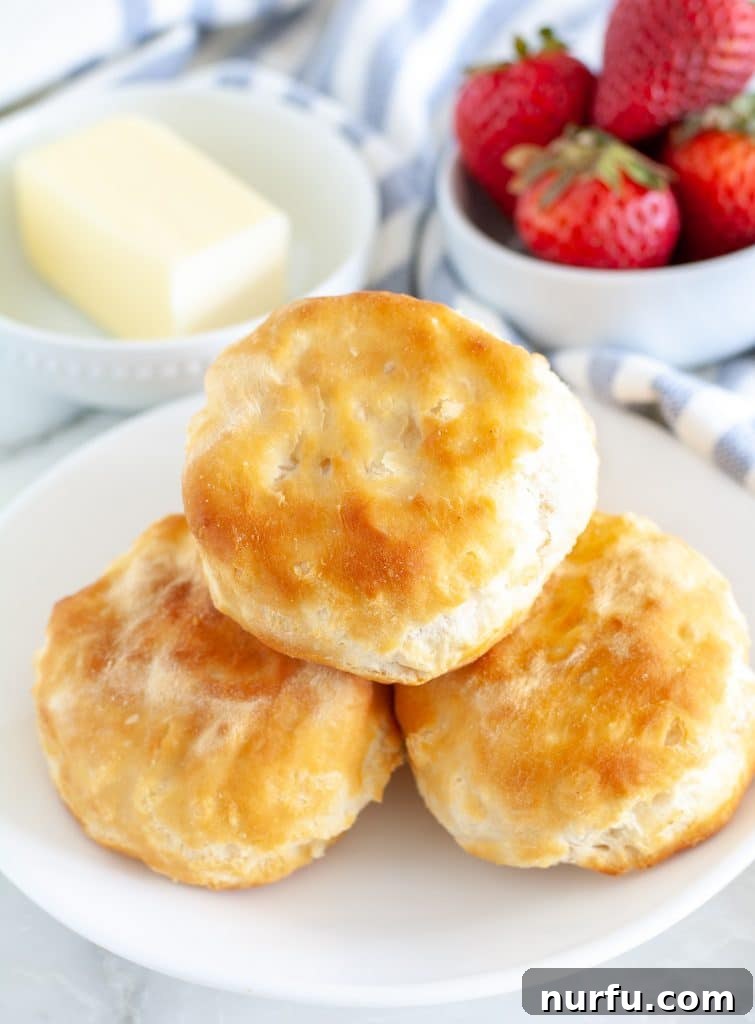 Plate of biscuits with bowl of butter and strawberries. 