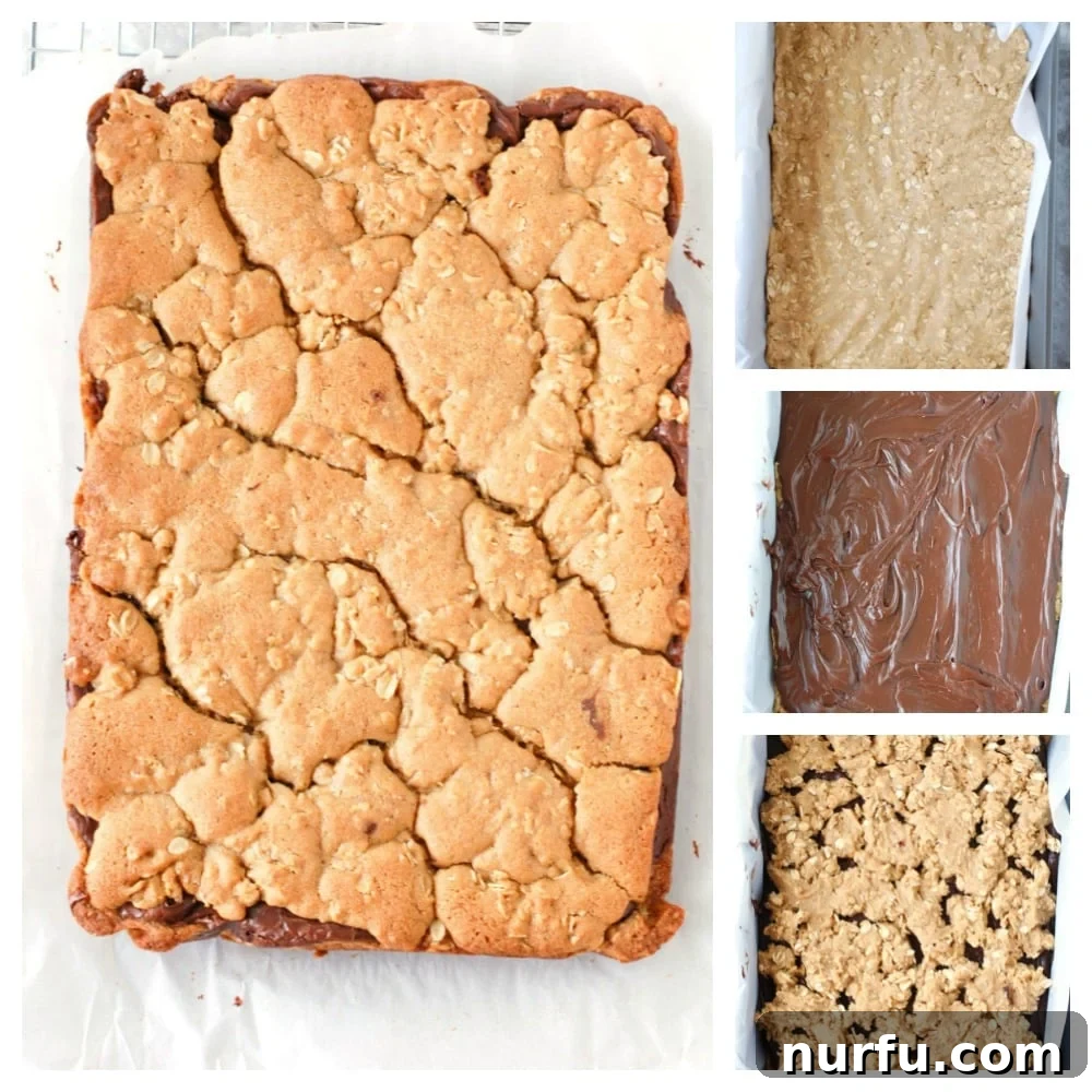 Oatmeal Fudge Bars A collage showing step-by-step photos of the oatmeal fudge bar making process, from mixing ingredients to layering.