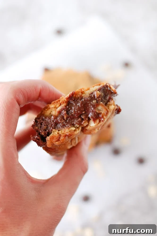Oatmeal Fudge Bars A hand holding a single oatmeal fudge bar, showing its delightful layers and tempting chocolate fudge.