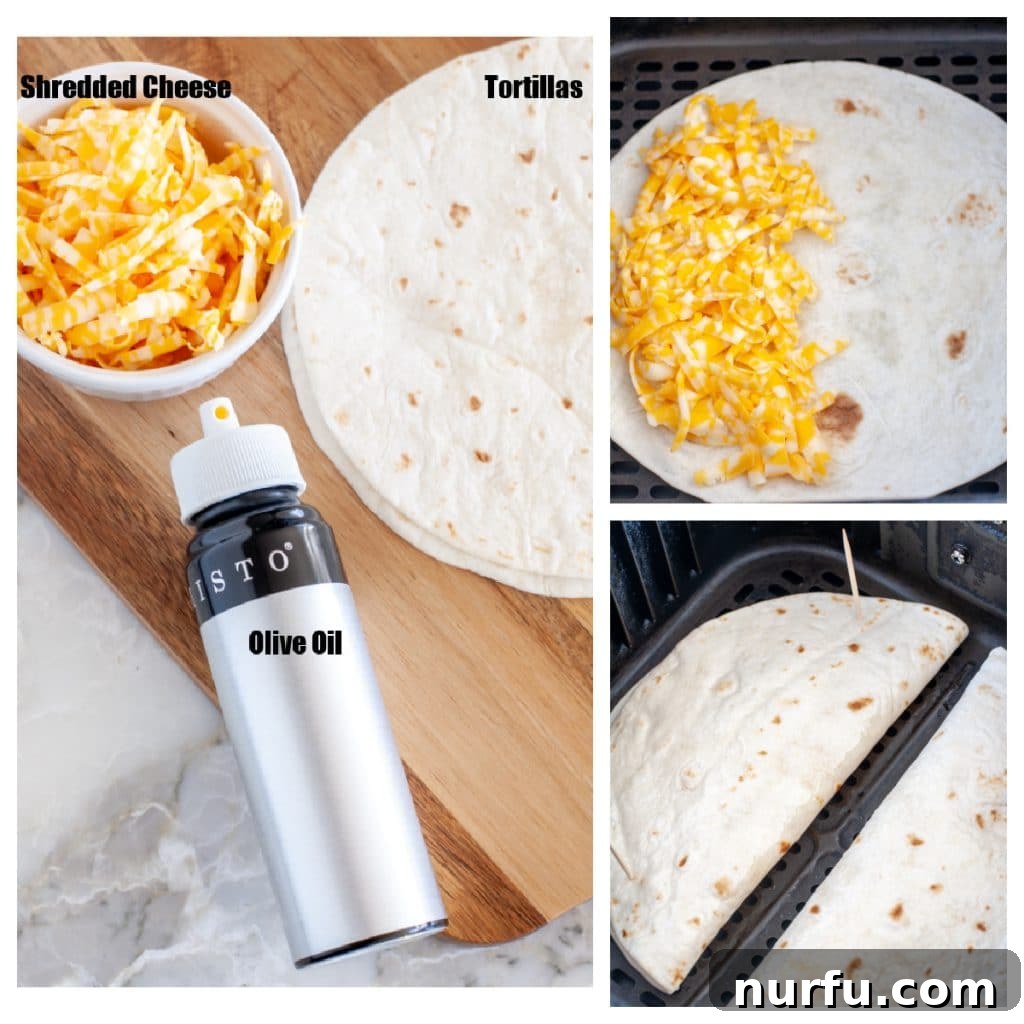 A simple setup showing a bowl of shredded cheese, a stack of tortillas, and an oil mister, essential tools for making air fryer quesadillas.