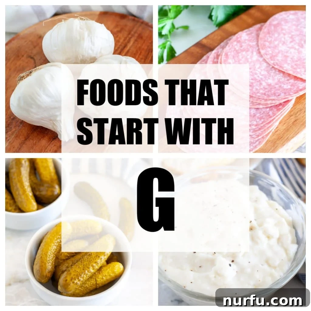 40 Glorious G-Foods 2 A vibrant collage of various foods that start with the letter G, including fresh grapes, garlic bulbs, creamy guacamole, and a slice of Genoa salami, all arranged appealingly on a rustic wooden surface.
