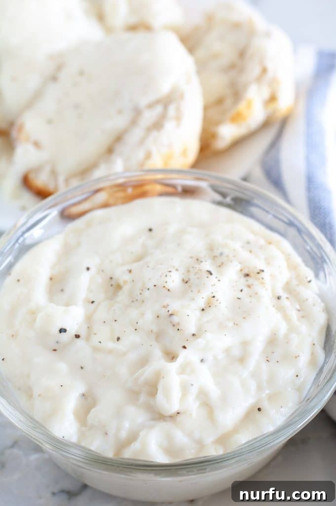 40 Glorious G-Foods 4 A warm, inviting bowl of creamy white gravy, perfectly thickened and ready to be drizzled over biscuits or mashed potatoes.