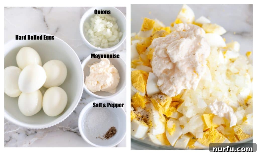 Ingredients for easy egg salad including chopped eggs, mayonnaise, onions, salt, and pepper in a bowl before mixing.