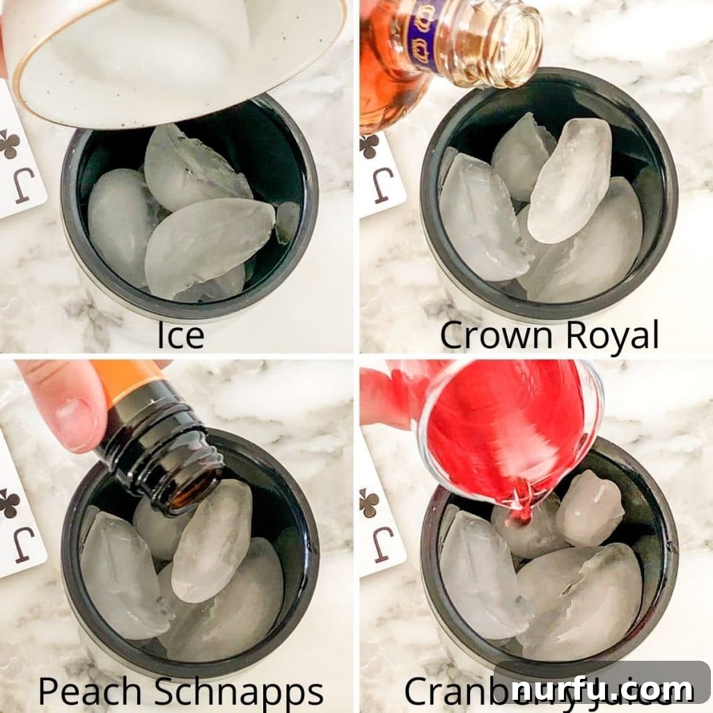 A cocktail shaker filled with ice and the vibrant ingredients for a Royal Flush drink: Crown Royal whiskey, peach schnapps, and cranberry juice, ready to be shaken and served.