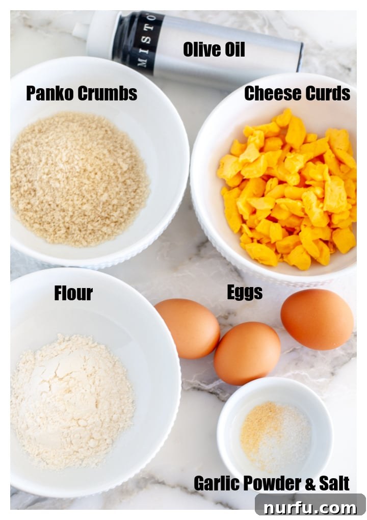 Crispy Air-Fried Cheese Bites 3 Bowl of cheese curds, panko, flour, eggs and garlic powder.