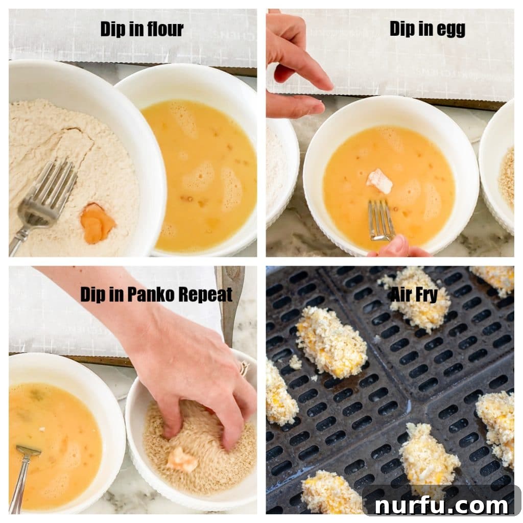 Crispy Air-Fried Cheese Bites 4 Cheese curd in bowl of flour, eggs and bread crumbs.