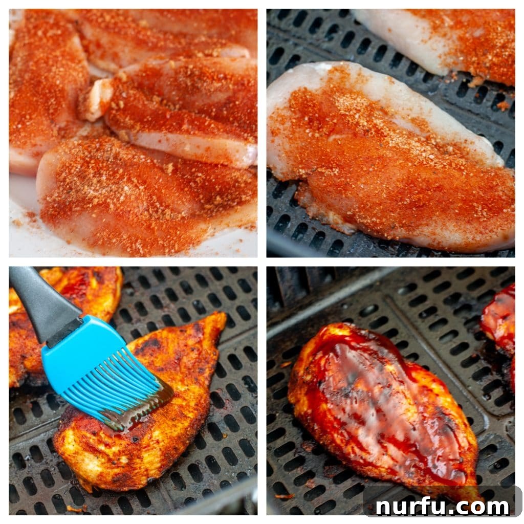 Quick and Juicy Air Fryer BBQ Chicken Breasts in 20 Minutes 4 Chicken breasts with seasoning and in the air fryer.