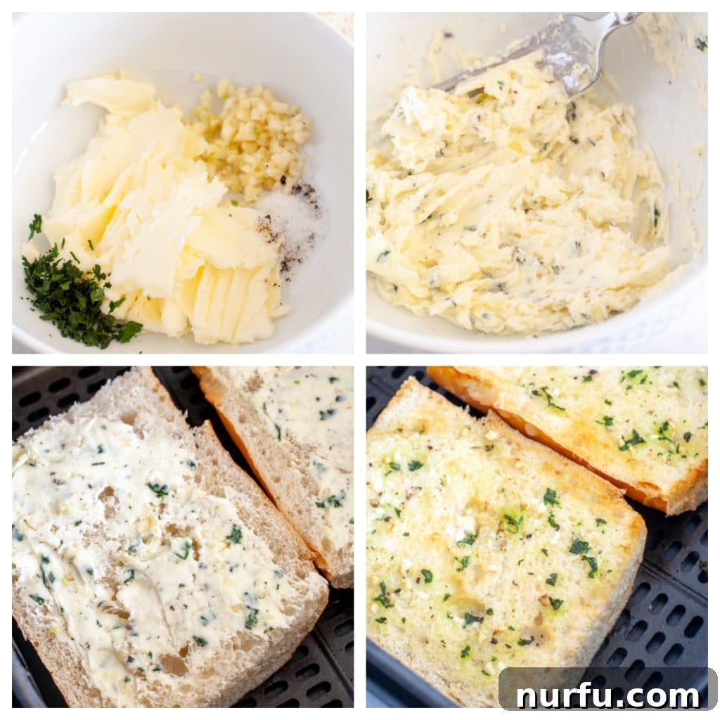 Perfect Air-Fried Garlic Bread 4 Buttered bread in air fryer.
