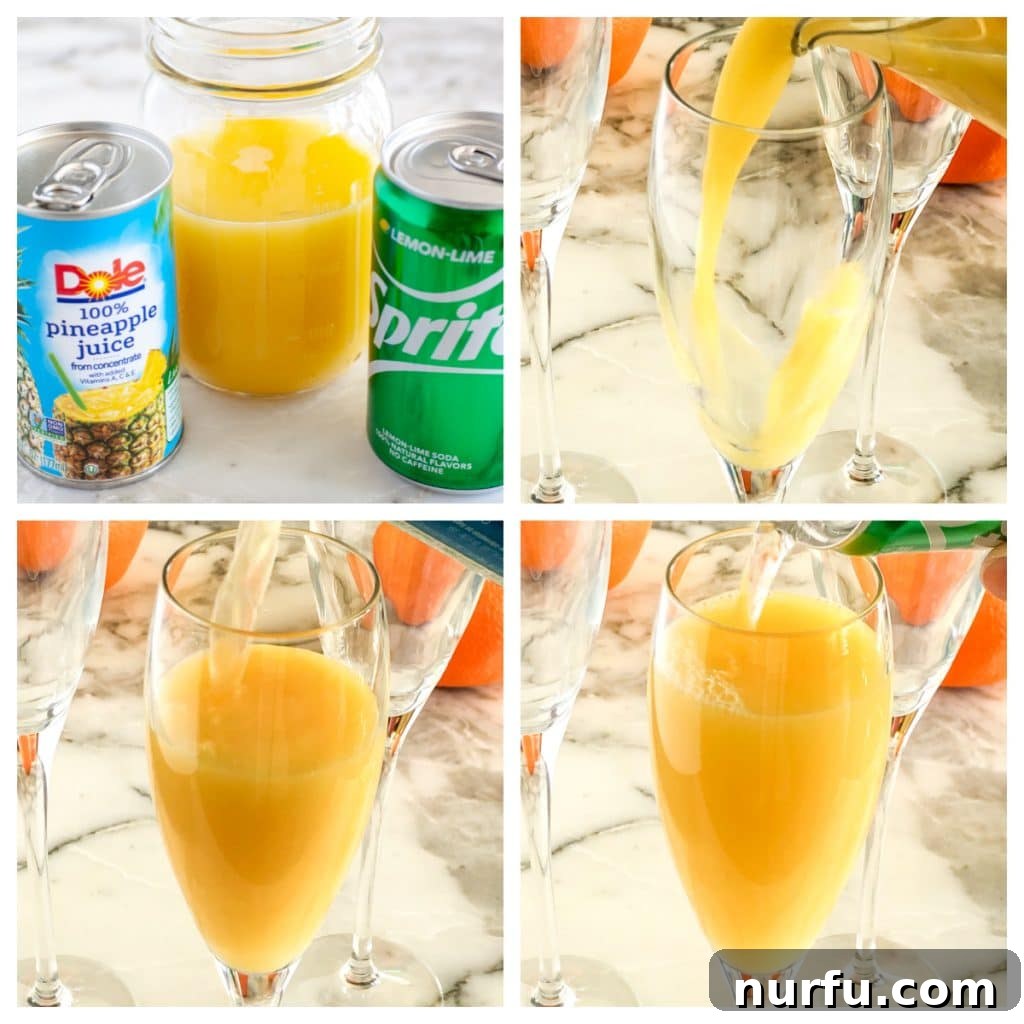 A hand gently pouring a carbonated drink into a glass already containing orange and pineapple juice, creating a sparkling non-alcoholic mimosa.
