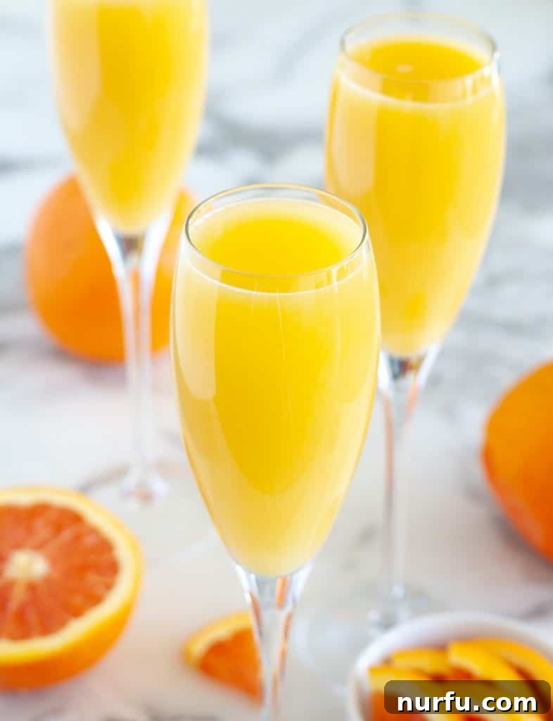 Multiple glasses filled with non-alcoholic mimosa, garnished with fresh orange slices, prepared for a celebratory gathering.