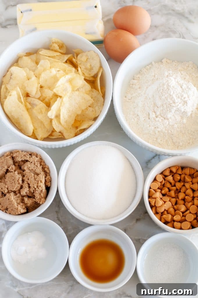 Salty Sweet Chip Crunch Cookies 3 Various ingredients laid out for potato chip cookies, including butter, sugars, chips, and flour.