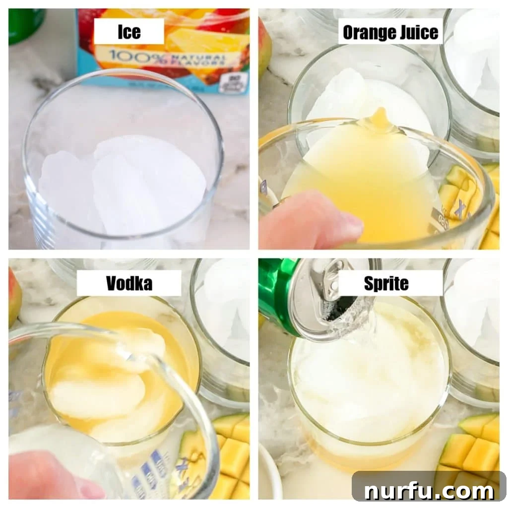 A glass filled with ice and golden mango juice, with vodka being poured in, illustrating the initial steps of cocktail preparation.