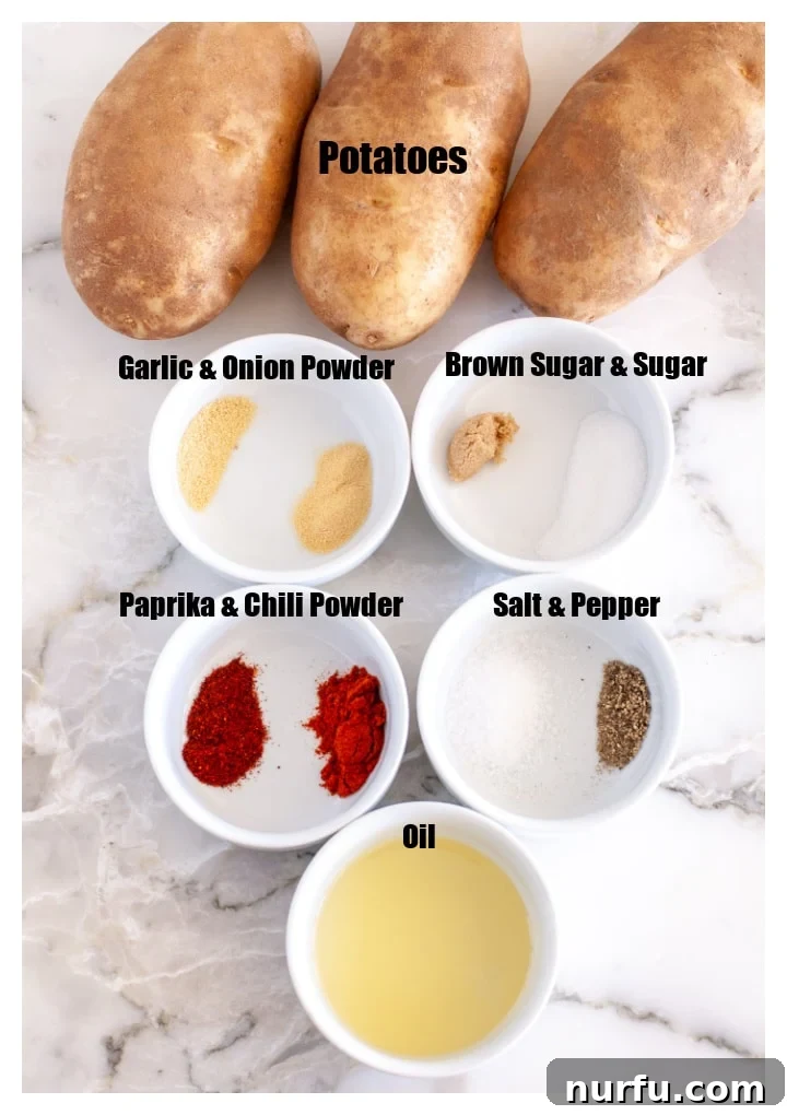 The Ultimate Wingstop Fries Dupe 3 Bowls of raw Russet potatoes and separate bowls of Wingstop fry seasoning ingredients.