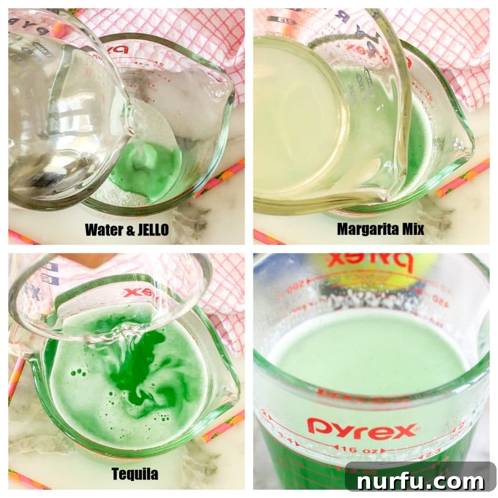 Ultimate Tequila JELL-O Shots 4 A close-up of several green JELLO shots in small plastic cups, ready to be served.