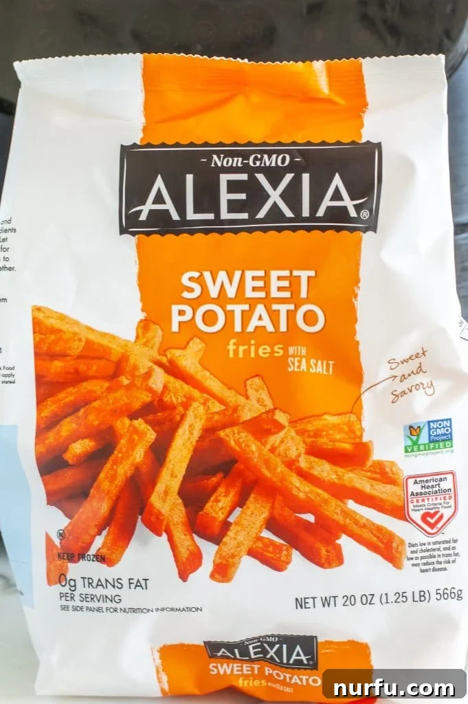 Crispy Alexia Sweet Potato Fries in the Air Fryer 3 A bag of frozen Alexia sweet potato fries, illustrating the primary ingredient needed for the recipe.