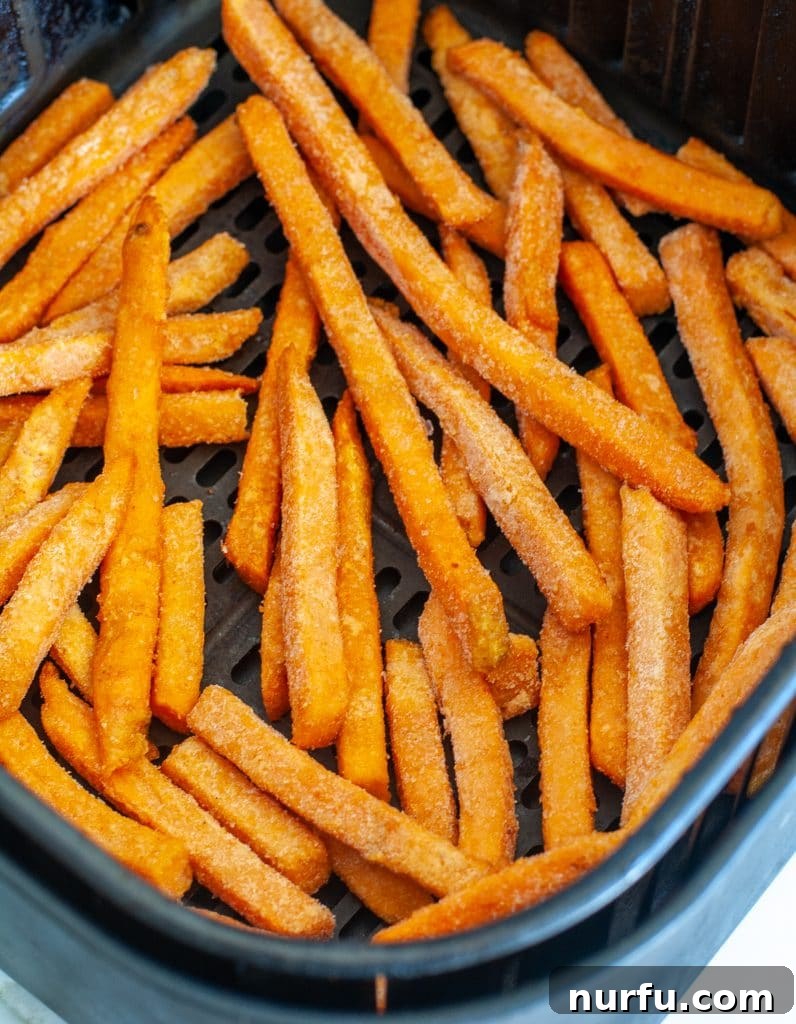 Crispy Alexia Sweet Potato Fries in the Air Fryer 4 Frozen sweet potato fries neatly arranged in an air fryer basket, ready for cooking.