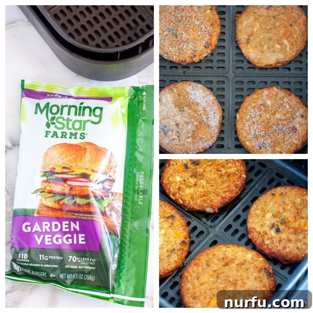 Crispy Air Fryer Frozen Veggie Burgers 3 Two frozen veggie burgers cooking in an air fryer basket.