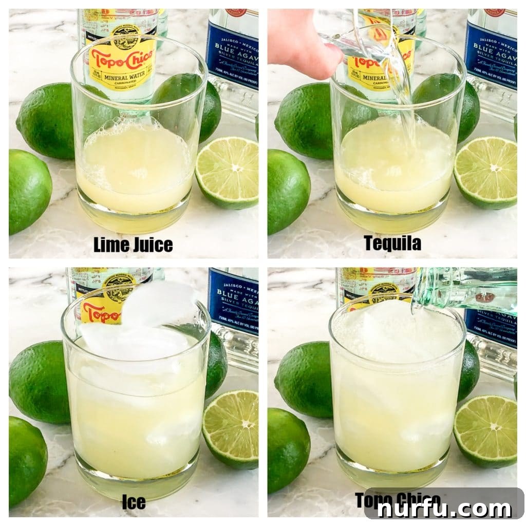 A hand gently pouring sparkling Topo Chico into a glass already containing tequila, lime juice, and ice, creating a refreshing cocktail.