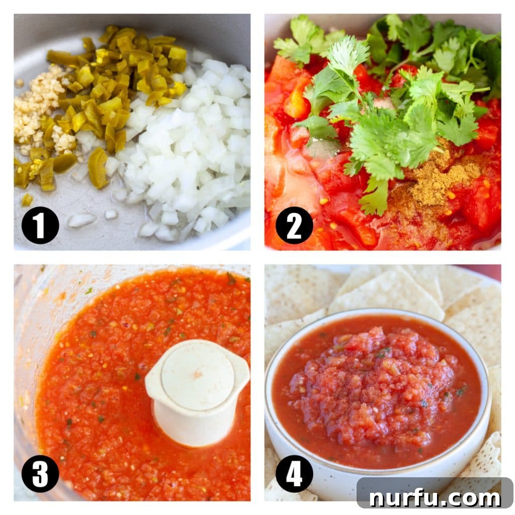 Your Guide to Freezing Salsa 3 Onions, tomatoes, jalapeno, cilantro in pot and in food processor, demonstrating salsa preparation.