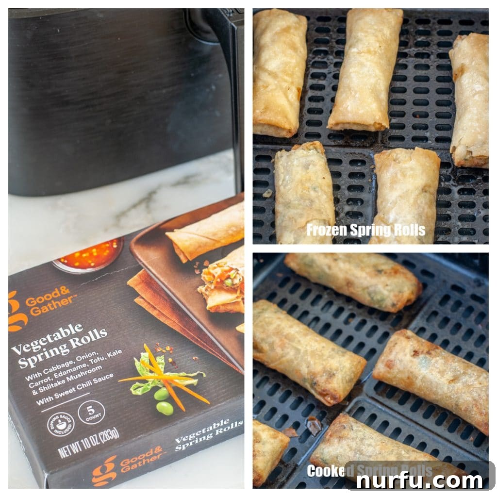 Crispy Air-Fried Frozen Spring Rolls 3 Crispy frozen spring rolls cooking in an air fryer basket, showing their golden brown exterior.