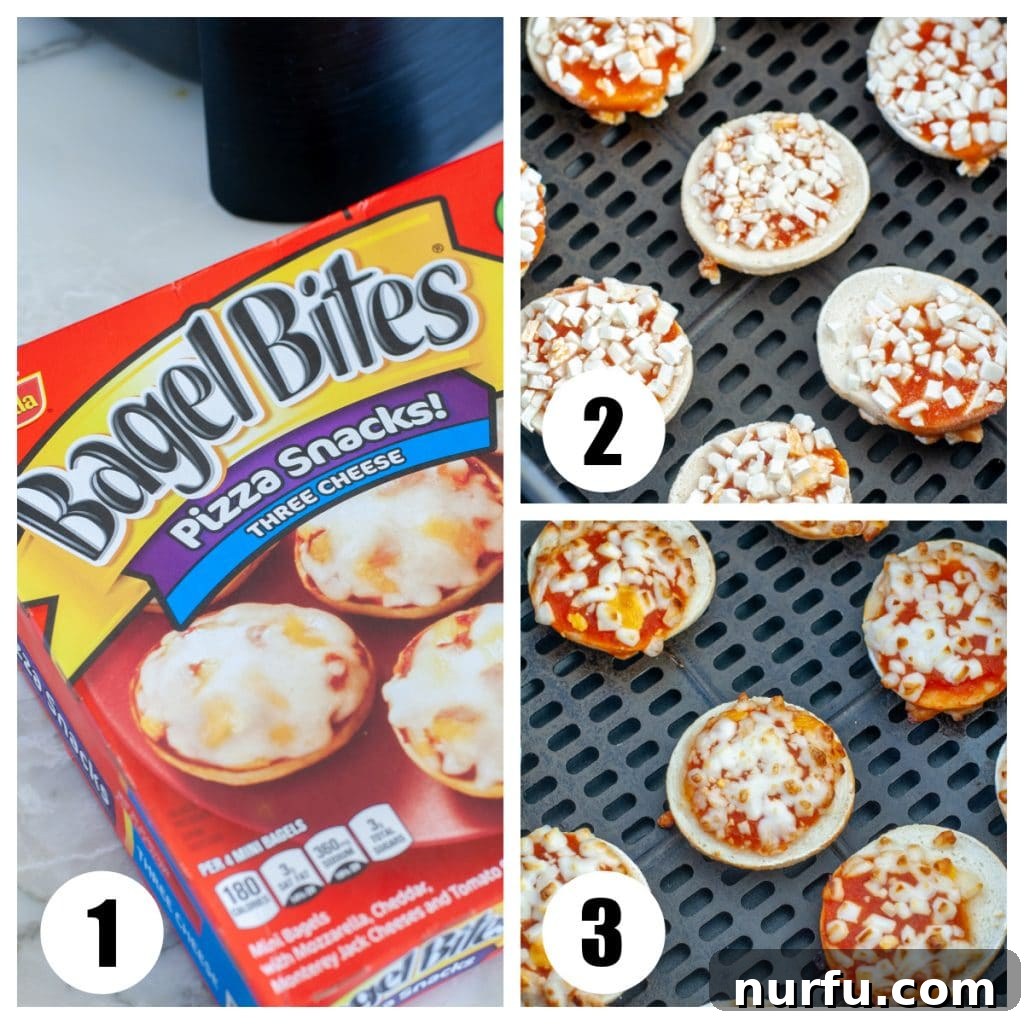 Unlock Perfect Air Fryer Bagel Bites 3 Frozen bagel bites in an air fryer basket before cooking.