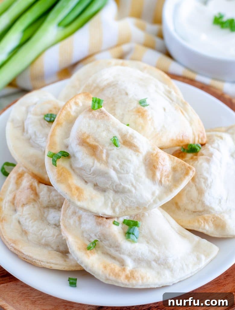 Effortless Crispy Frozen Pierogies in the Air Fryer 2 Plate of golden-brown pierogies garnished with fresh green onion, ready to serve.