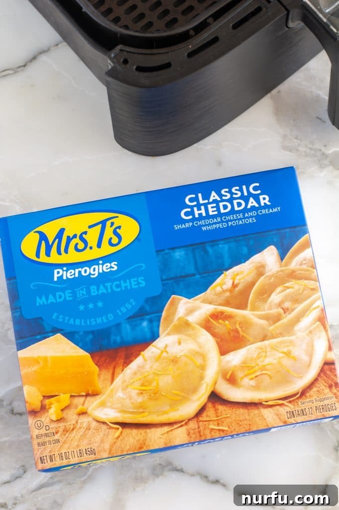 Effortless Crispy Frozen Pierogies in the Air Fryer 3 A box of frozen pierogies, showcasing the brand and inviting packaging.