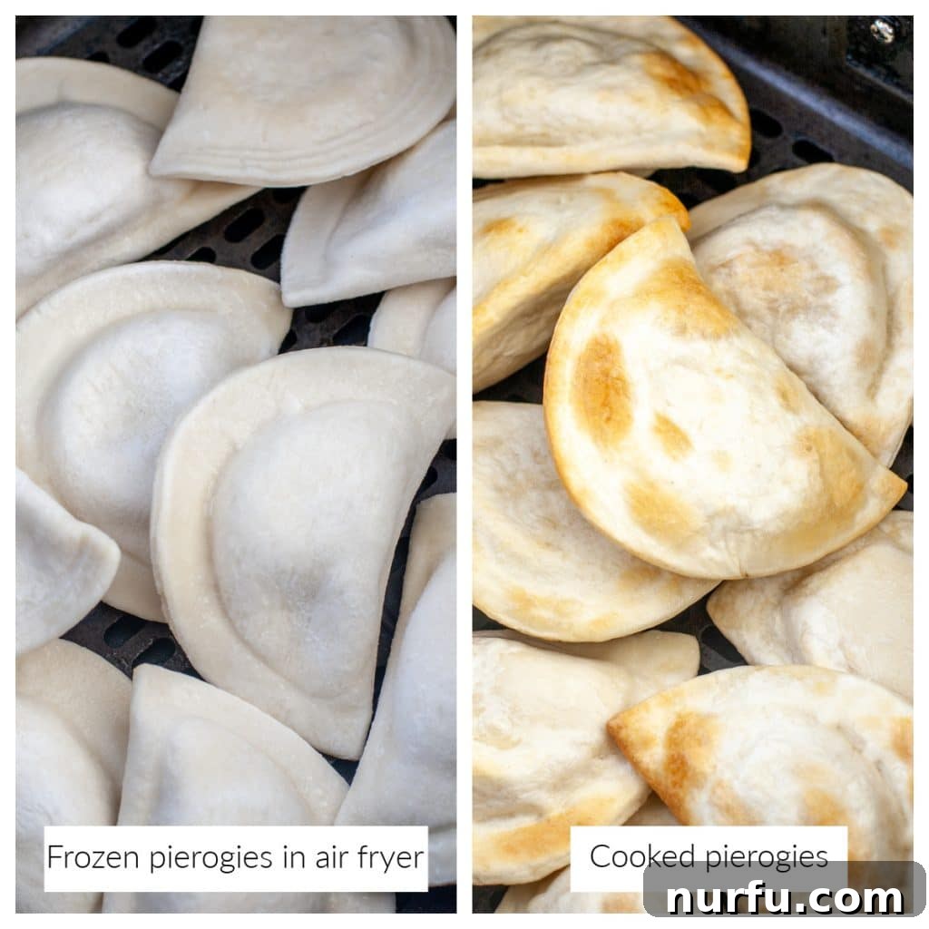 Effortless Crispy Frozen Pierogies in the Air Fryer 4 Frozen pierogies spread in a single layer inside an air fryer basket, ready for cooking.