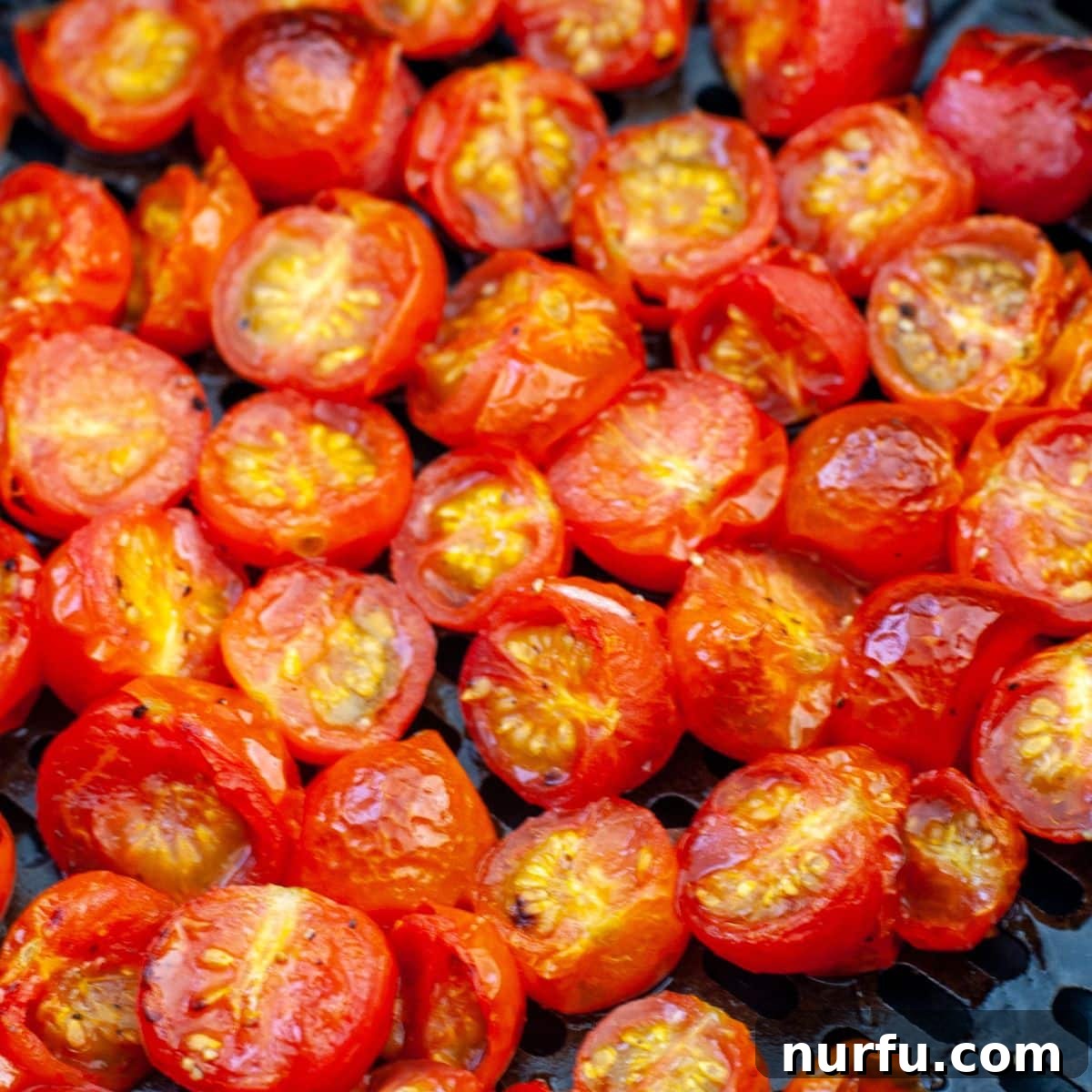 Air Fried Tomato Bites 2 Vibrant roasted cherry tomatoes nestled in an air fryer basket, showcasing their rich color and slightly caramelized edges.