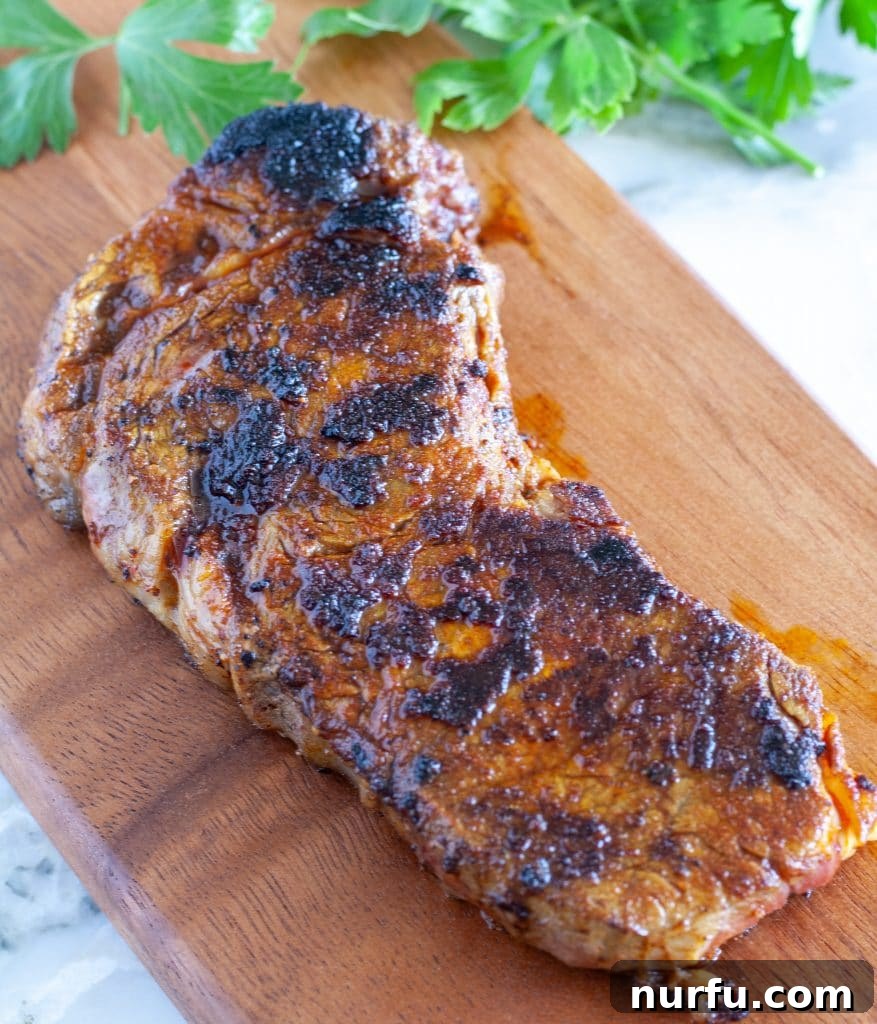 Signature Texas Roadhouse Steak Rub 2 Perfectly cooked steak on a wooden cutting board, ready to be sliced.