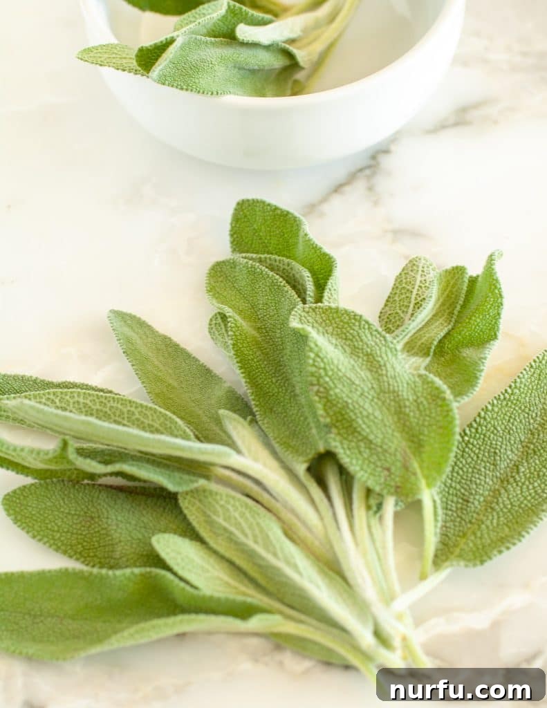 Find Your Perfect Sage Swap 2 Freshly harvested sage leaves on a rustic wooden table, ready for cooking.