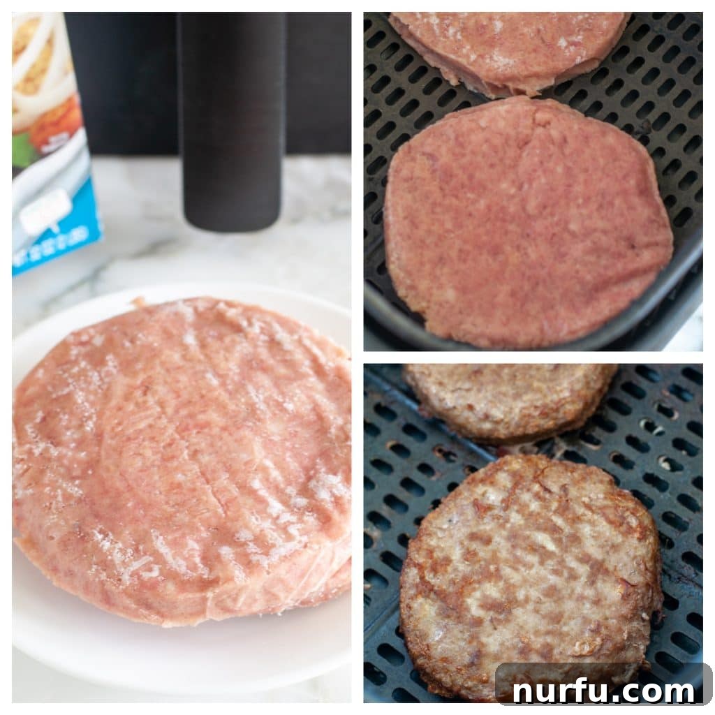 Perfect Air Fryer Frozen Turkey Burgers 3 Frozen turkey burger patties arranged neatly in an air fryer basket, ready for cooking.