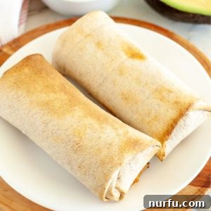 Two burritos on a plate.