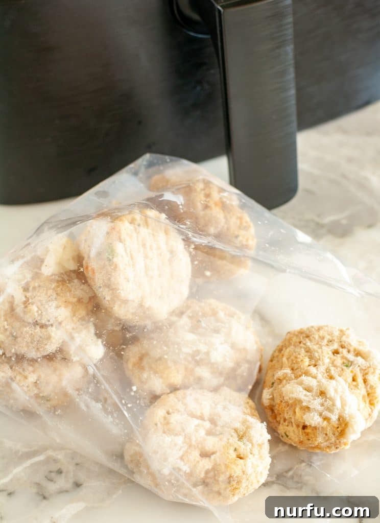 Crispy Air Fryer Frozen Crab Cakes 3 A bag of frozen crab cakes next to a sleek, modern air fryer, illustrating the two main components needed for this recipe.