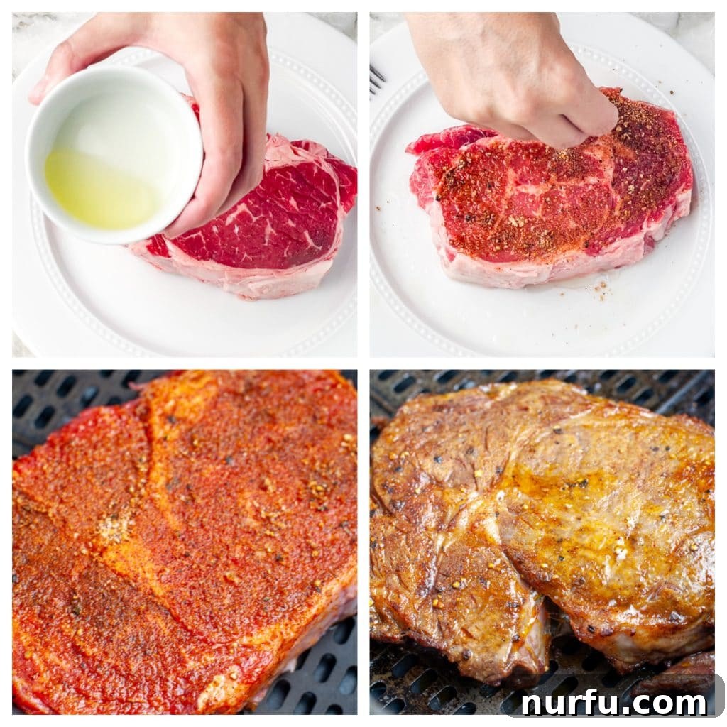 Air Fryer Ribeye Perfection 3 Oil and seasoning on steak.
