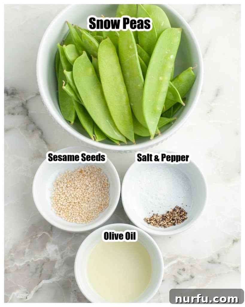Golden Crisp Air Fryer Snow and Snap Peas 3 A bowl showcasing the simple ingredients: snow peas, olive oil, salt, pepper, and sesame seeds, ready for air frying.