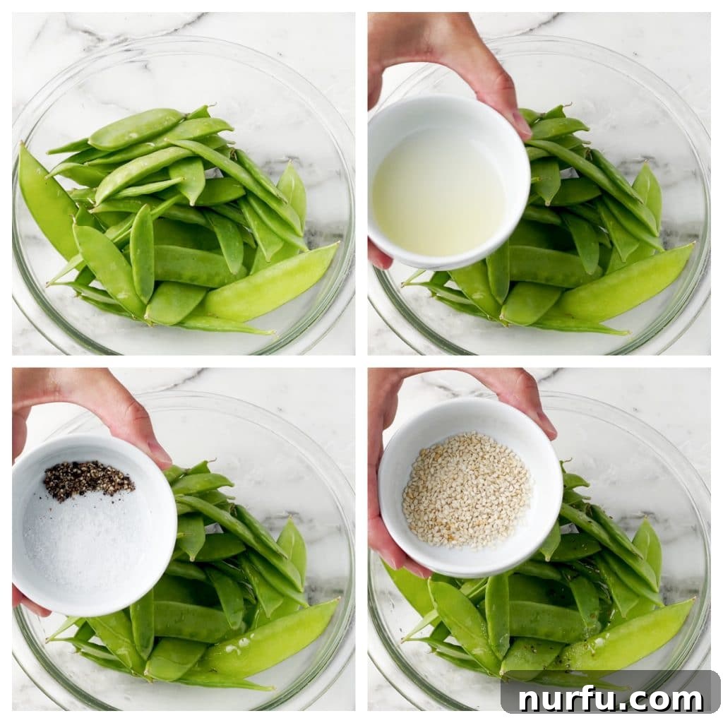 Golden Crisp Air Fryer Snow and Snap Peas 4 Seasoned snap peas being tossed in a bowl with oil and spices, ready for the air fryer.